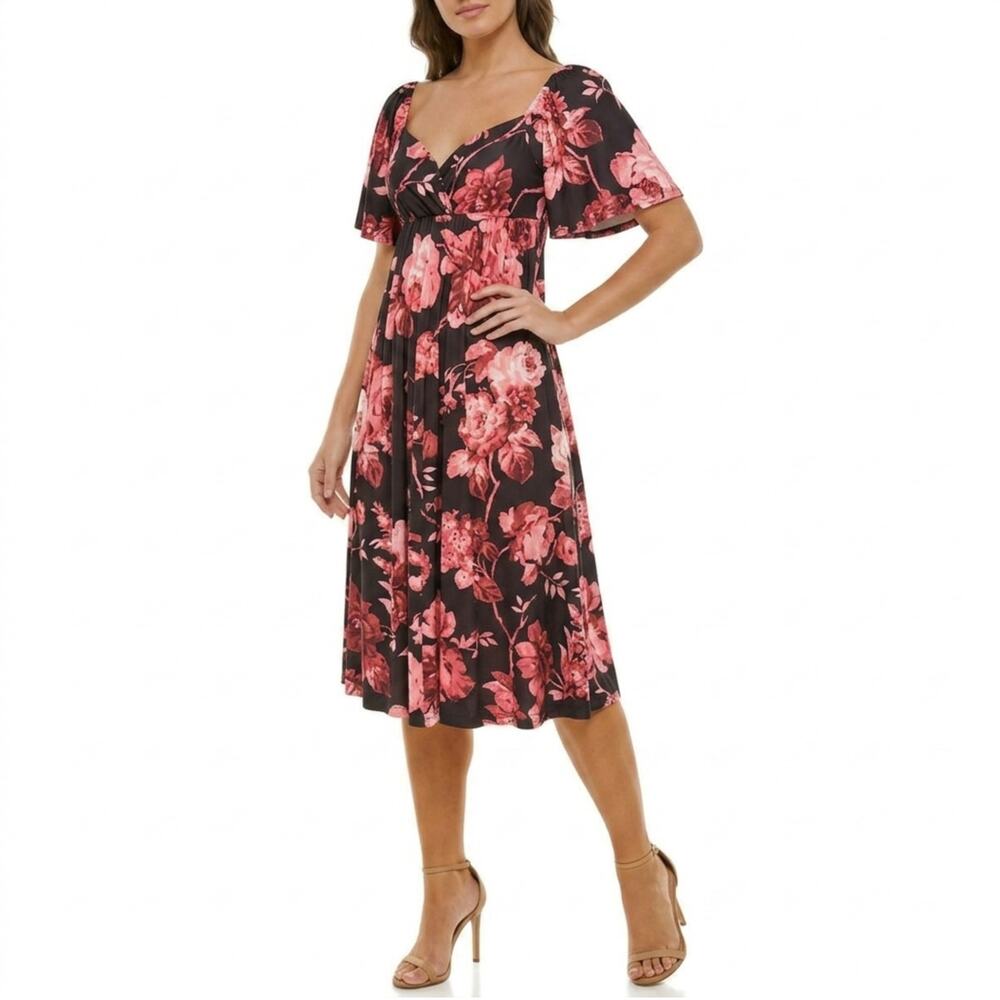 NWT ASOS Women's Floral Twist Cut Out Back Flatter Sleeves Pleated Midi Dress